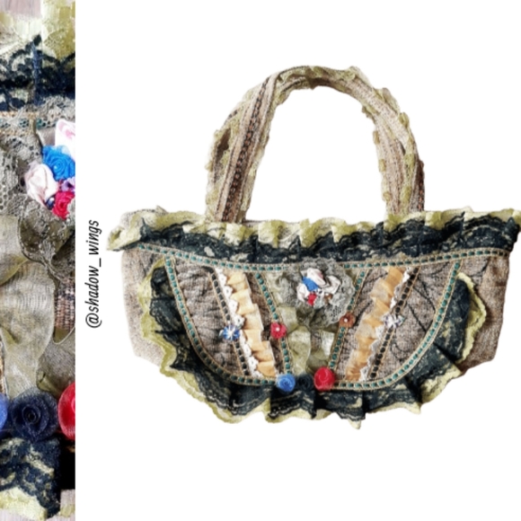 Tapestry Hand Bag Handbags - Embellished Whimsical Floral Tapestry Bag - Victorian Style Ruffle Hand Bag